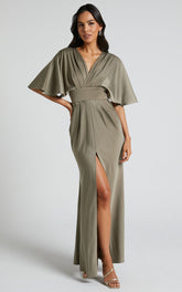 Gemalyn Midi Dress - Angel Sleeve V Neck Split Dress in Olive