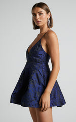 Gemima Mini Dress - Strappy Plunge Neck Fit and Flare Dress in Navy
