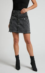 Gennlee Mini Skirt - Cotton Contrast Denim Skirt in Black Acid Wash