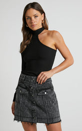 Gennlee Mini Skirt - Cotton Contrast Denim Skirt in Black Acid Wash