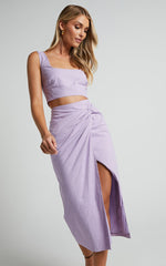 Gibson Two Piece Top and Skirt Set - Linen Crop Top and Knot Front Midi Skirt Set in Lilac