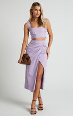 Gibson Two Piece Top and Skirt Set - Linen Crop Top and Knot Front Midi Skirt Set in Lilac