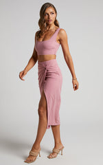 Gibson Two Piece Top and Skirt Set - Linen Crop Top and Knot Front Midi Skirt Set in Pink