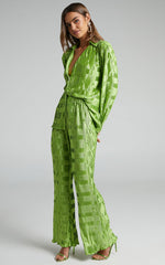 Greta Geometric - Mid Waisted Plisse Flared Pants in Green