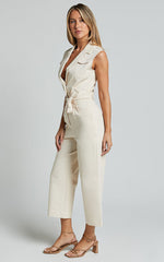 Griffin Jumpsuit - Collared Tie Waist Jumpsuit in Stone