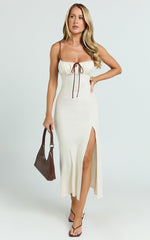 Gwen Midi Linen Blend Dress - Strapped Ruched Bodice Bias Dress in Cream