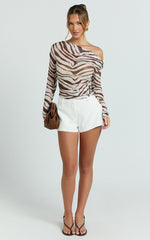 Gwendolyn Top - Zebra Sheer One Shoulder Long Sleeve Top in Dark Brown