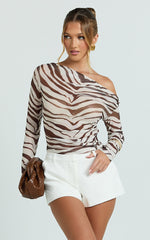 Gwendolyn Top - Zebra Sheer One Shoulder Long Sleeve Top in Dark Brown