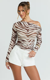 Gwendolyn Top - Zebra Sheer One Shoulder Long Sleeve Top in Dark Brown