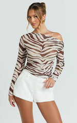 Gwendolyn Top - Zebra Sheer One Shoulder Long Sleeve Top in Dark Brown