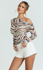 Gwendolyn Top - Zebra Sheer One Shoulder Long Sleeve Top in Dark Brown