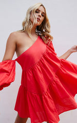 Harleen Mini Dress - Linen Asymmetrical Trim Puff Sleeve Dress in Red