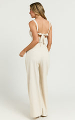 Hadley Two Piece Set - Linen Embroidered Tie Back Top and High Rise Wide Leg Pant in Oatmeal