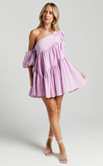 Harleen Mini Dress - Linen Asymmetrical Trim Puff Sleeve Dress in Lavender