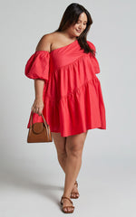 Harleen Mini Dress - Linen Asymmetrical Trim Puff Sleeve Dress in Red