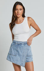 Harleigh Skort - Pocket Detail Wrap Denim Skort in Light Blue Wash