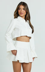 Harlow Two Piece Set - Long Sleeve Crop Shirt and Mini Skirt Set in White