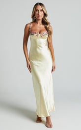 Harmony Maxi Dress - Floral Detail Cup Bust Satin Dress in Lemon