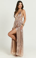Harvey Maxi Dress - Sequin Plunge Front High Split Dress in Rose Gold