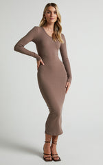 Hawkins Midi Dress - Long Sleeve Bodycon Dress in Taupe