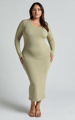 Hawkins Midi Dress - Long Sleeve Bodycon Dress in Light Moss