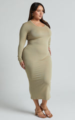 Hawkins Midi Dress - Long Sleeve Bodycon Dress in Light Moss