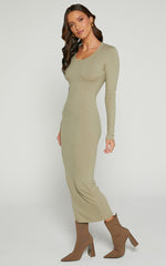 Hawkins Midi Dress - Long Sleeve Bodycon Dress in Light Moss