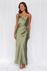 The Madeline Cowl Satin Maxi Dress Olive