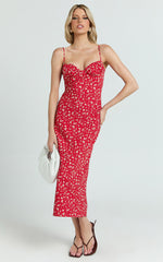 Hilton Midi Dress - Ruched Bust Slip Dress in Red Floral