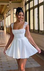 Adalee Mini Dress - Sleeveless Ruched Bodice Lace Trim Dress in Off White
