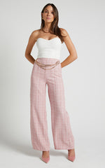 Icie Pants - High Waisted Tweed Wide Leg Pants in Pink Tweed