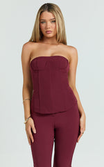 Irene Top - Strapless Sweetheart Lace Up Back Top in Wine