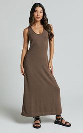 Ivi Midi Dress - Scoop Neck Slip Dress in Chocolate