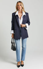 Iyah Blazer - Oversized Single Breasted Blazer in Navy Pinstripe