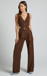 Izara Trousers - Mid Rise Relaxed Straight Leg Tailored Trousers in Chocolate