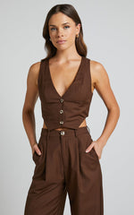 Izara Vest - V Neck Button Up Cropped Vest in Chocolate