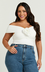 Jacinda Bodysuit - Off Shoulder Rosette Bodysuit in Off White