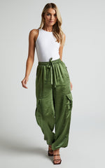 Jadeiah Pants - Mid Rise Cargo Pocket Satin Jogger Pant in Khaki