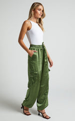 Jadeiah Pants - Mid Rise Cargo Pocket Satin Jogger Pant in Khaki