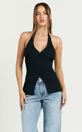 Jaiden Top - V Neck Knitted Button Down Vest Top in Black