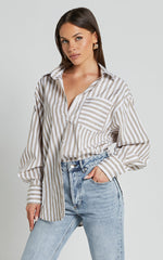 Jaycey Shirt - Long Sleeve Pocket Detail Shirt in Beige Stripe
