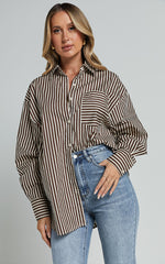 Jaycey Shirt - Long Sleeve Pocket Detail Shirt in Brown Stripe