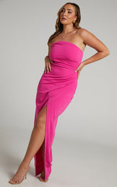 Jayra Midi Dress - Strapless Wrap Front Dress in Hot Pink