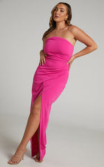 Jayra Midi Dress - Strapless Wrap Front Dress in Hot Pink