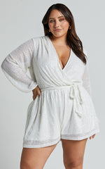 Jessen Playsuit - Tie Waist Balloon Sleeve Playsuit in White Sequin