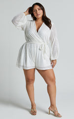 Jessen Playsuit - Tie Waist Balloon Sleeve Playsuit in White Sequin