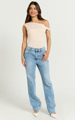Jialeen Top - Off Shoulder Twist Asymmetrical Sleeve Top in Sand