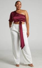 Jihyo Top - Tie Waist One Shoulder Puff Sleeve Top in Burgundy