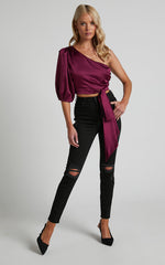 Jihyo Top - Tie Waist One Shoulder Puff Sleeve Top in Burgundy