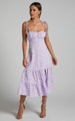 Jovena Midi Dress - Gathered Bodice Tiered Dress in Lilac